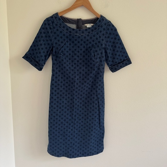 Boden Freya Polka Dot Denim Dress Womens Size 4 L long Blue Cotton Sheath - Picture 1 of 8